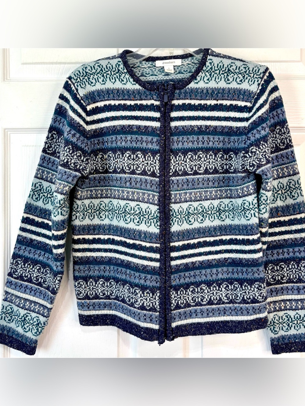 Vtg Dress Barn Blue Cotton/wool Fair Isle Full Zip Cardigan Sweater Small